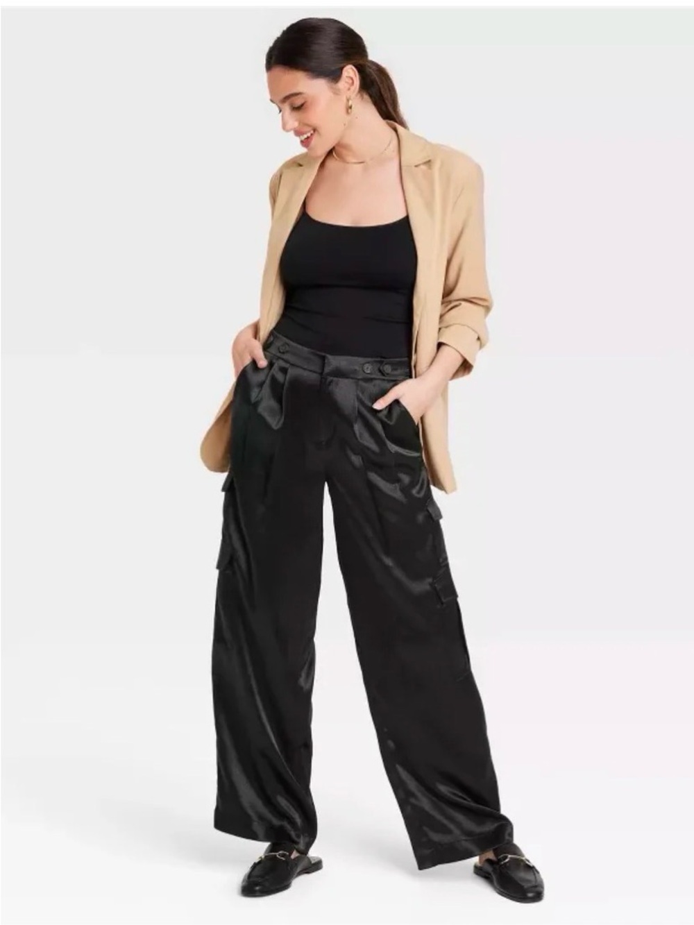 a new day Black Satin Wide-Leg Cargo Pants